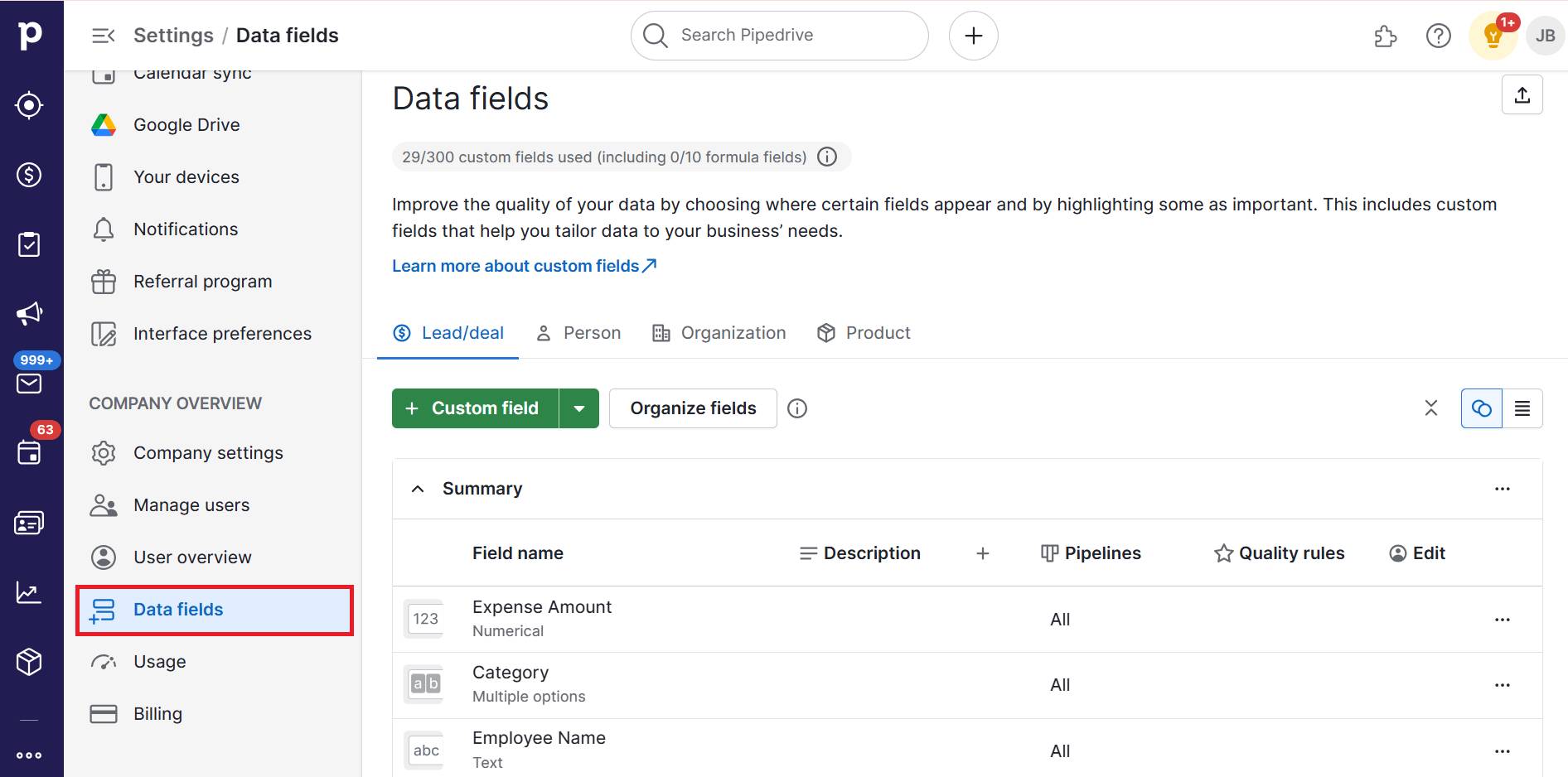 Expense management software Pipedrive custom fields