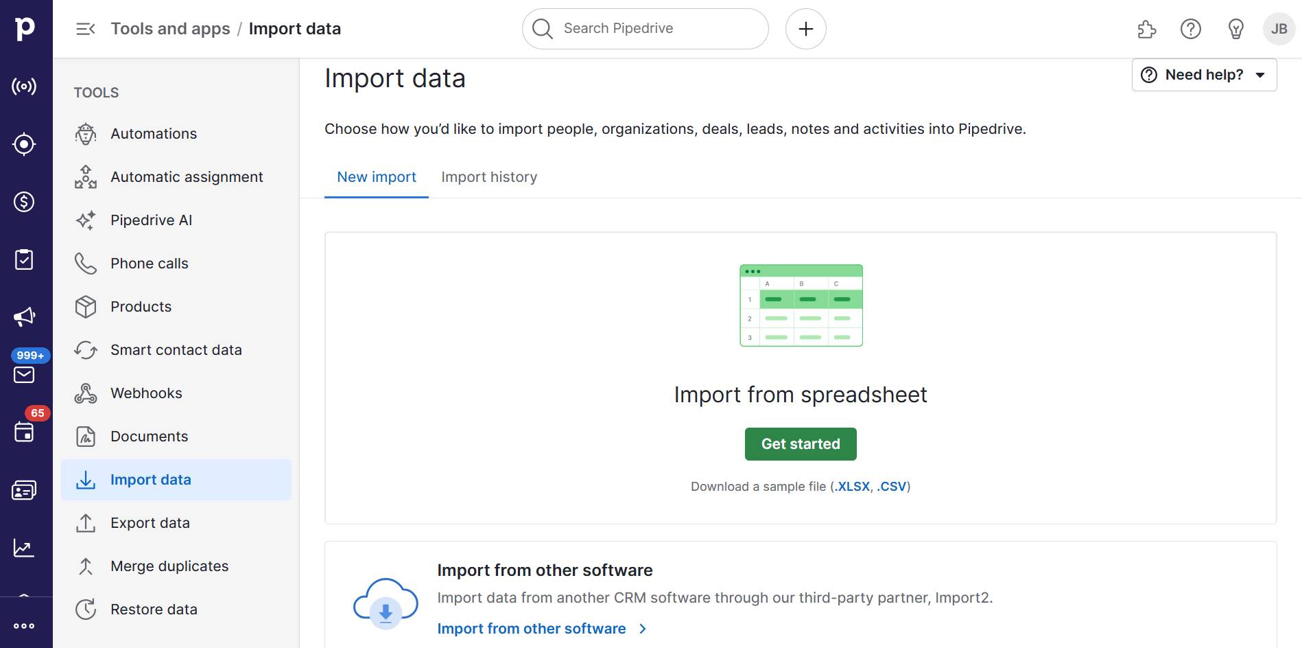 google sheets crm template pipedrive import page
