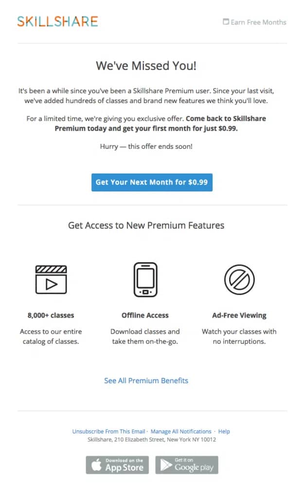 Re-engagement email Skillshare example