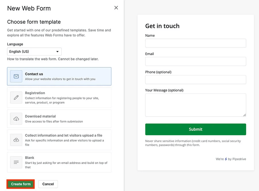 Content hub Pipedrive Web Forms