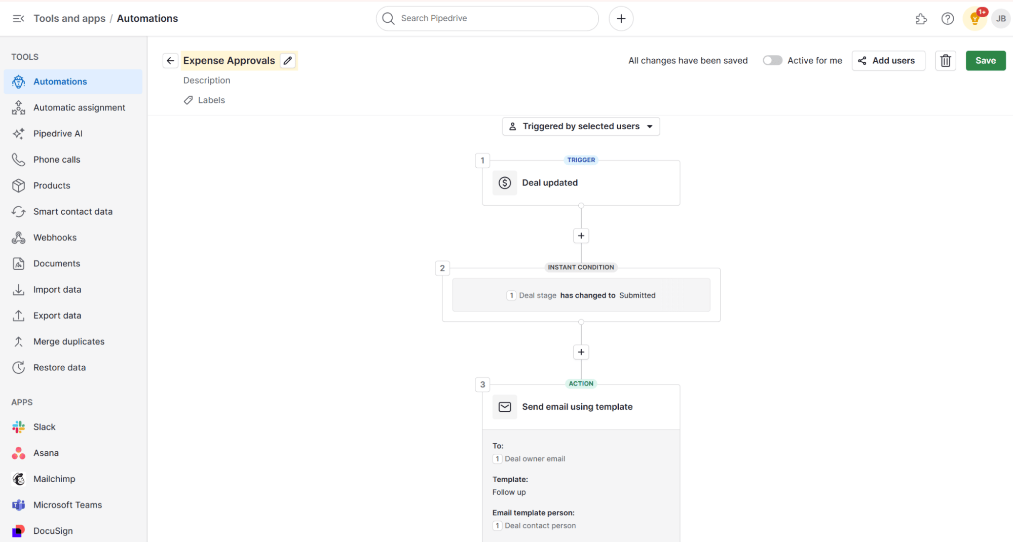 Expense management software Pipedrive expense approval workflow