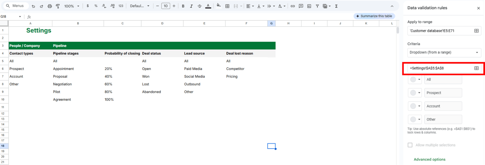 google sheets crm template pipedrive validation criteria
