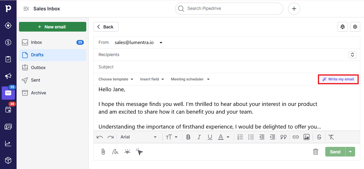 Healthcare workflow automation Pipedrive AI email writer