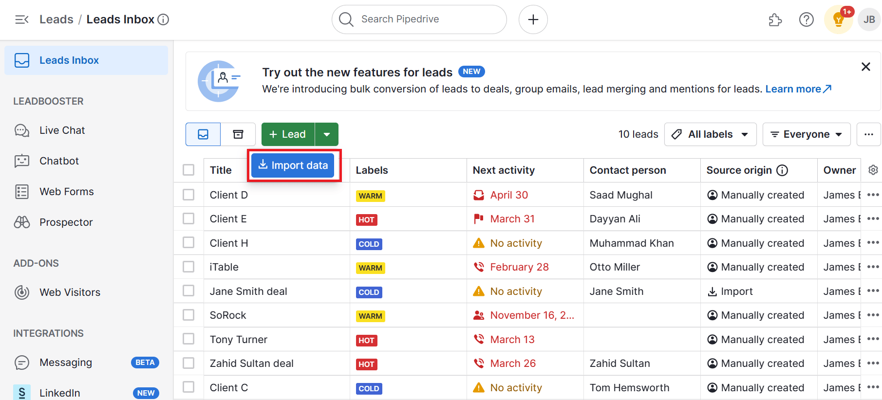 Healthcare workflow automation Pipedrive import leads