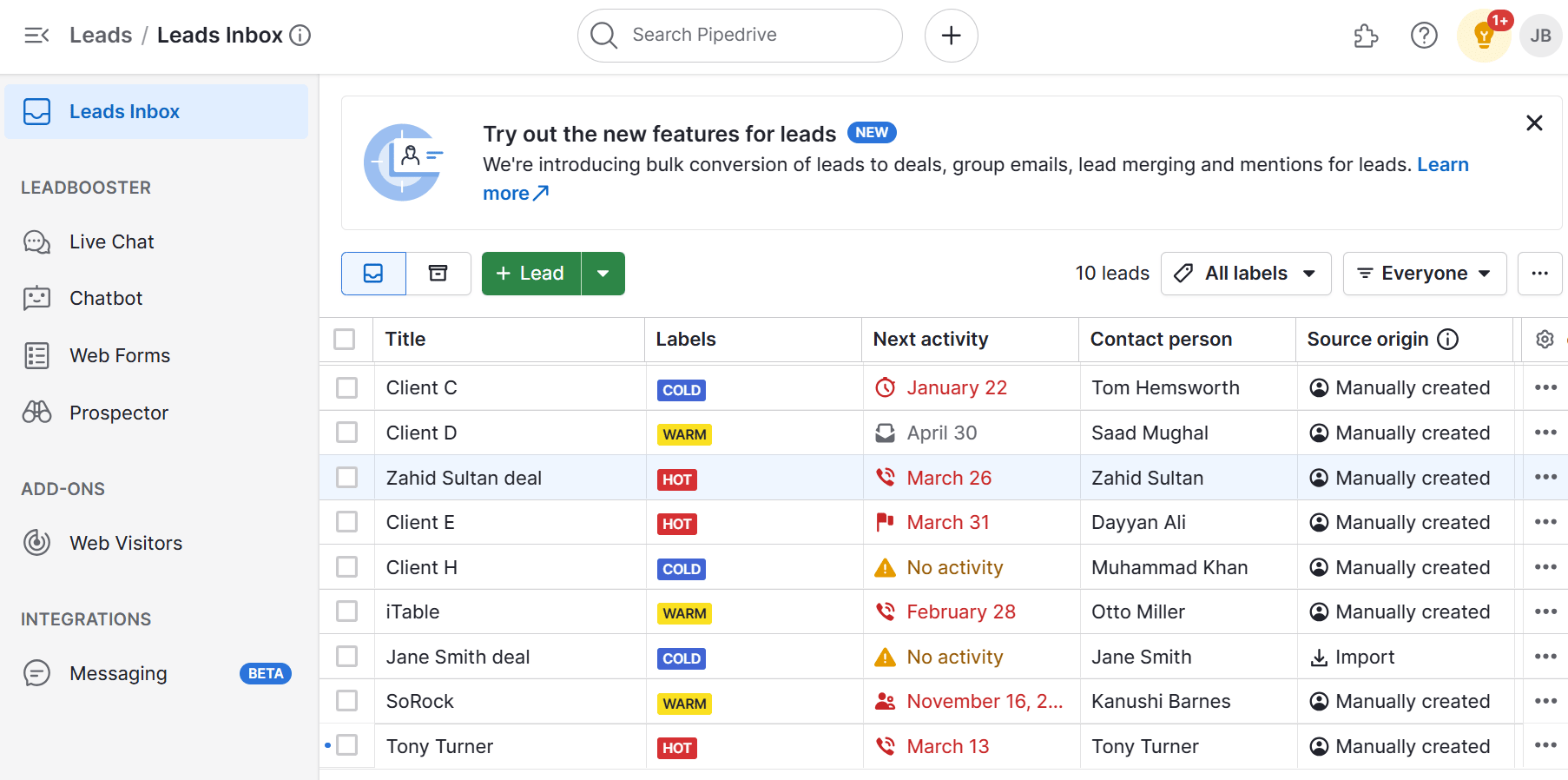 Healthcare workflow automation Pipedrive Leads Inbox