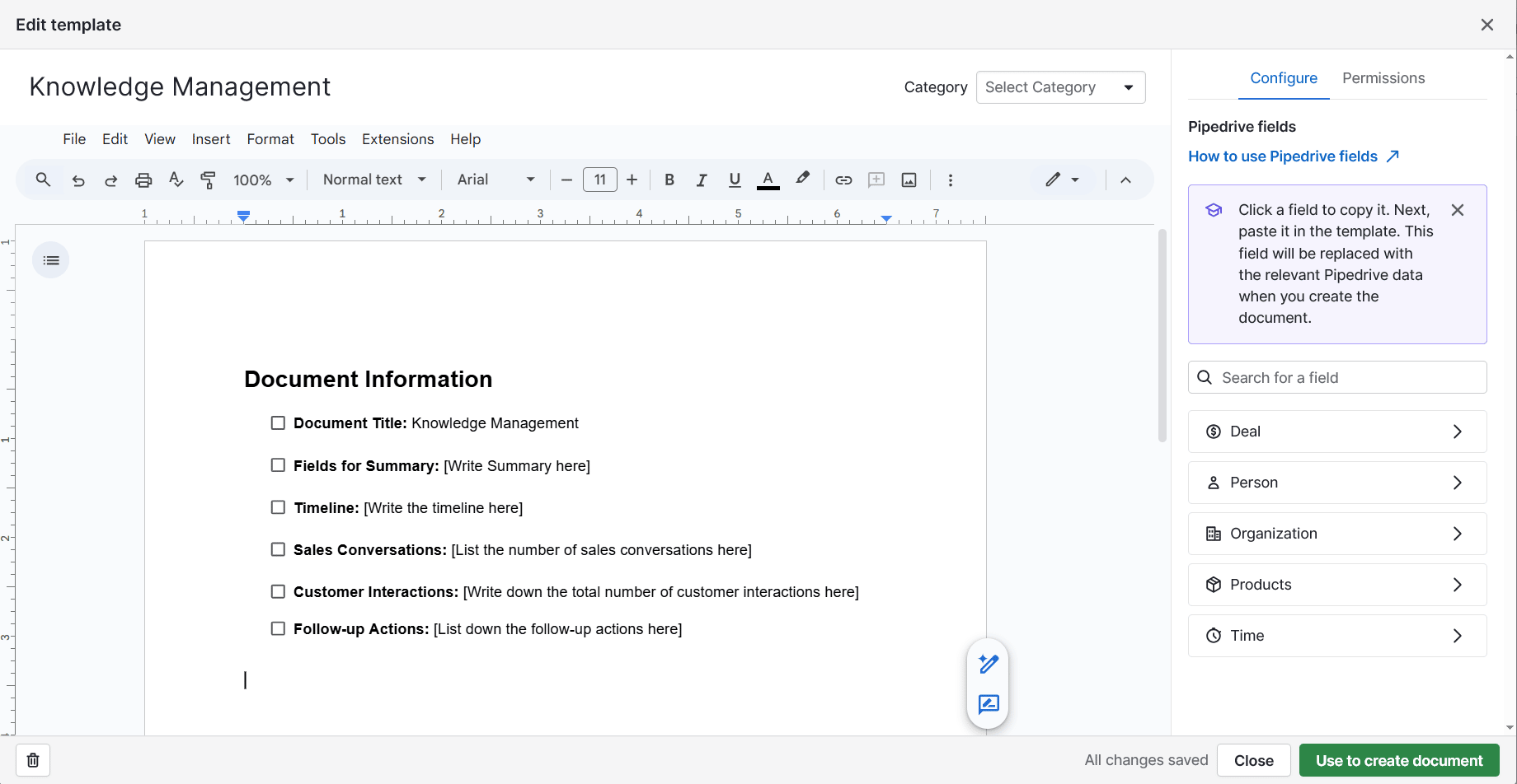 knowledge management software Pipedrive edit template