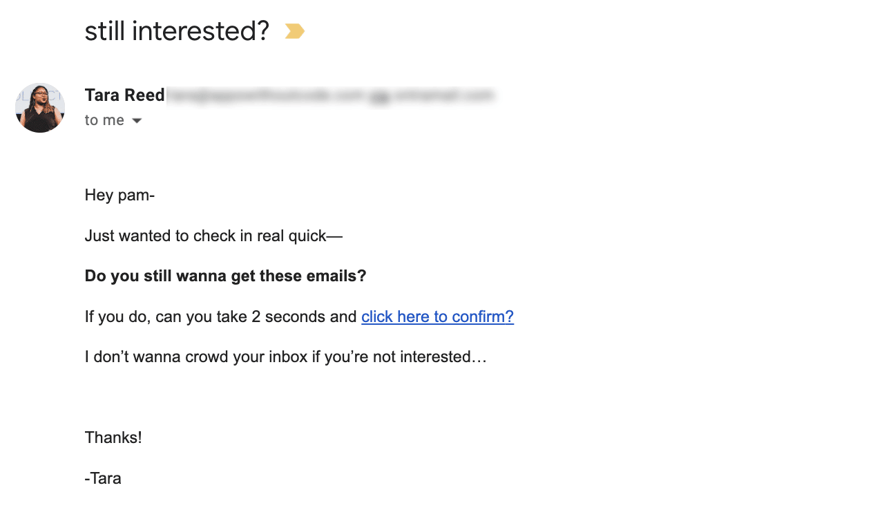 Re-engagement email Tara Reed example