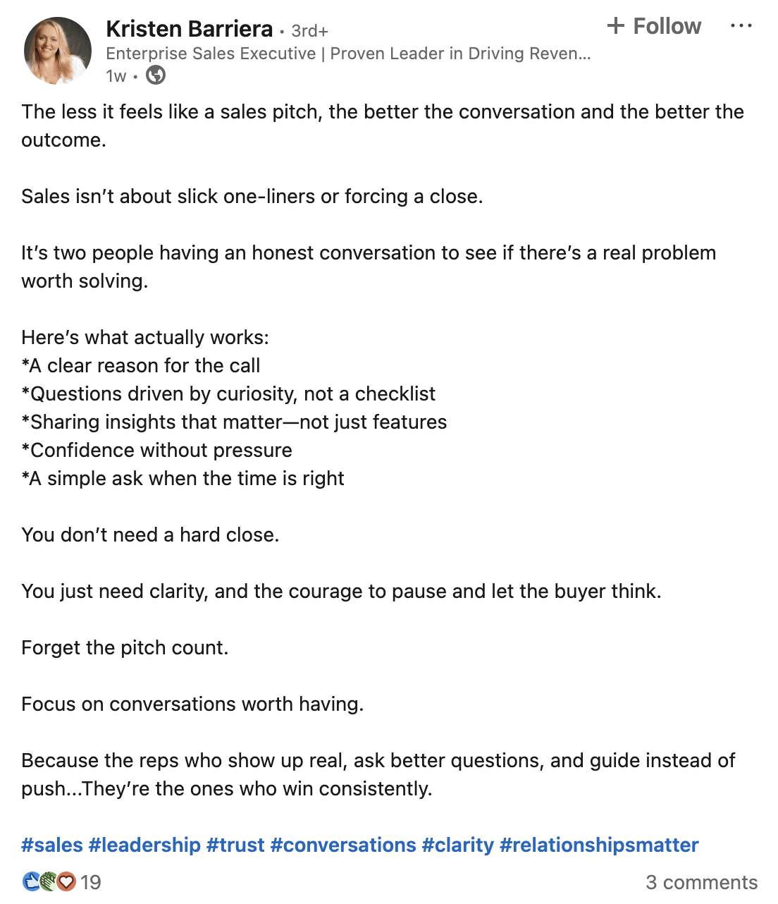 Sales experience LinkedIn post